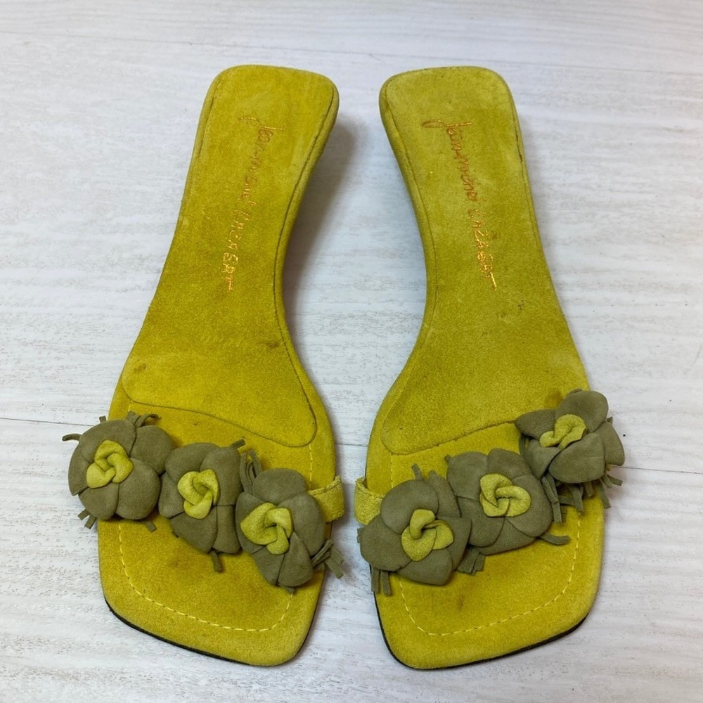 Jean-Michel Cazabat Womens 6.5 B Kitten Heel Slide Floral Yellow Suede Italy